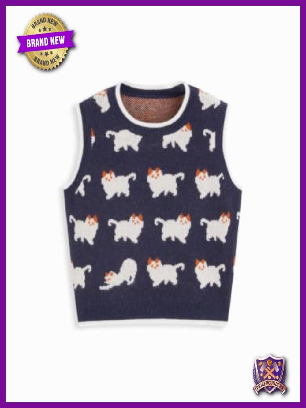 Cider Cat Print Cropped Knit Sweater Vest Sleeveless Crew Neck Top
